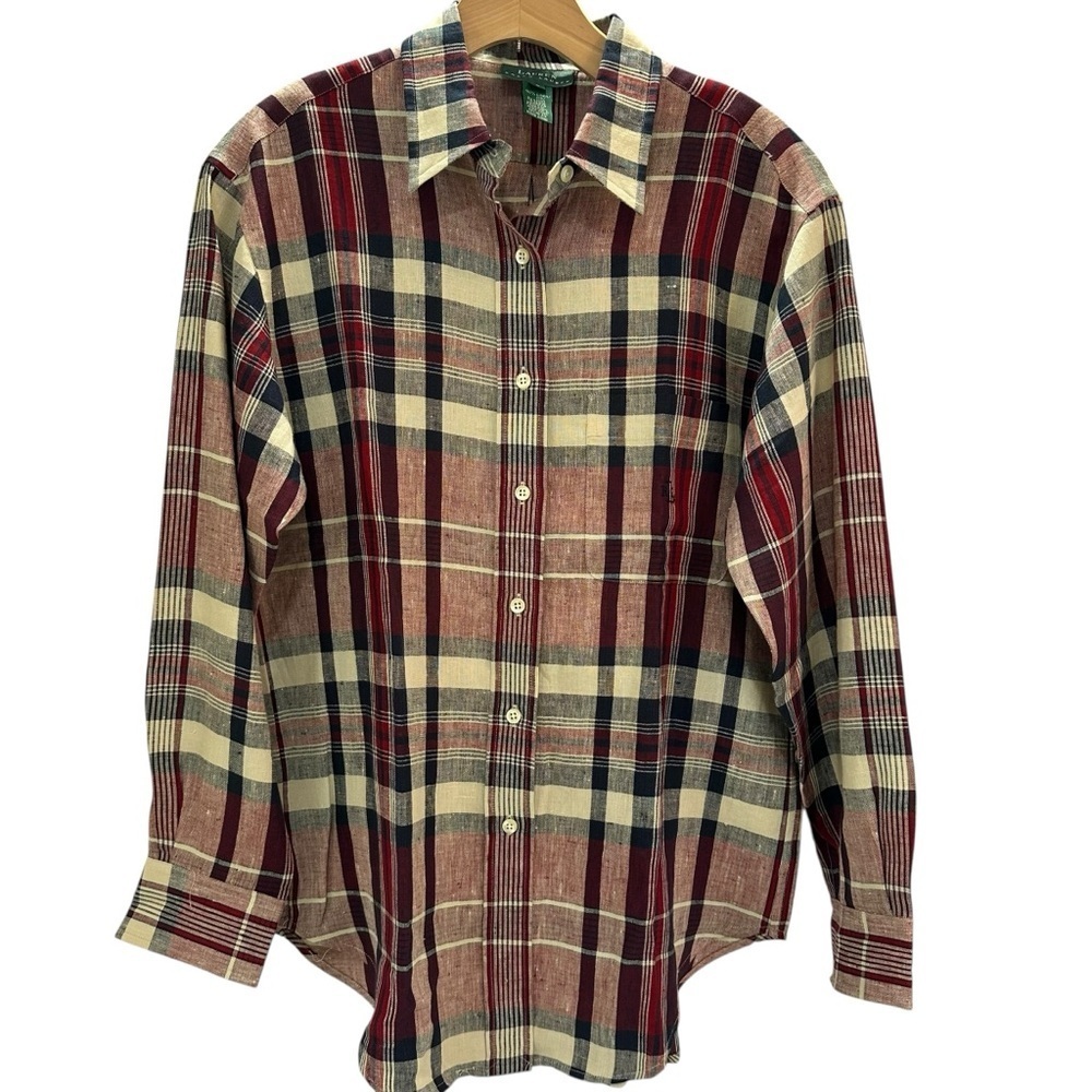 Lauren Ralph Lauren Linen Red Blue Plaid Button Front Top 8